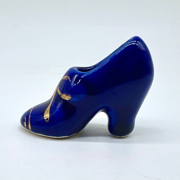 Vintage Blue Miniature Ceramic Shoe Figurine with Gold Bow Accents - Picture 2 of 8